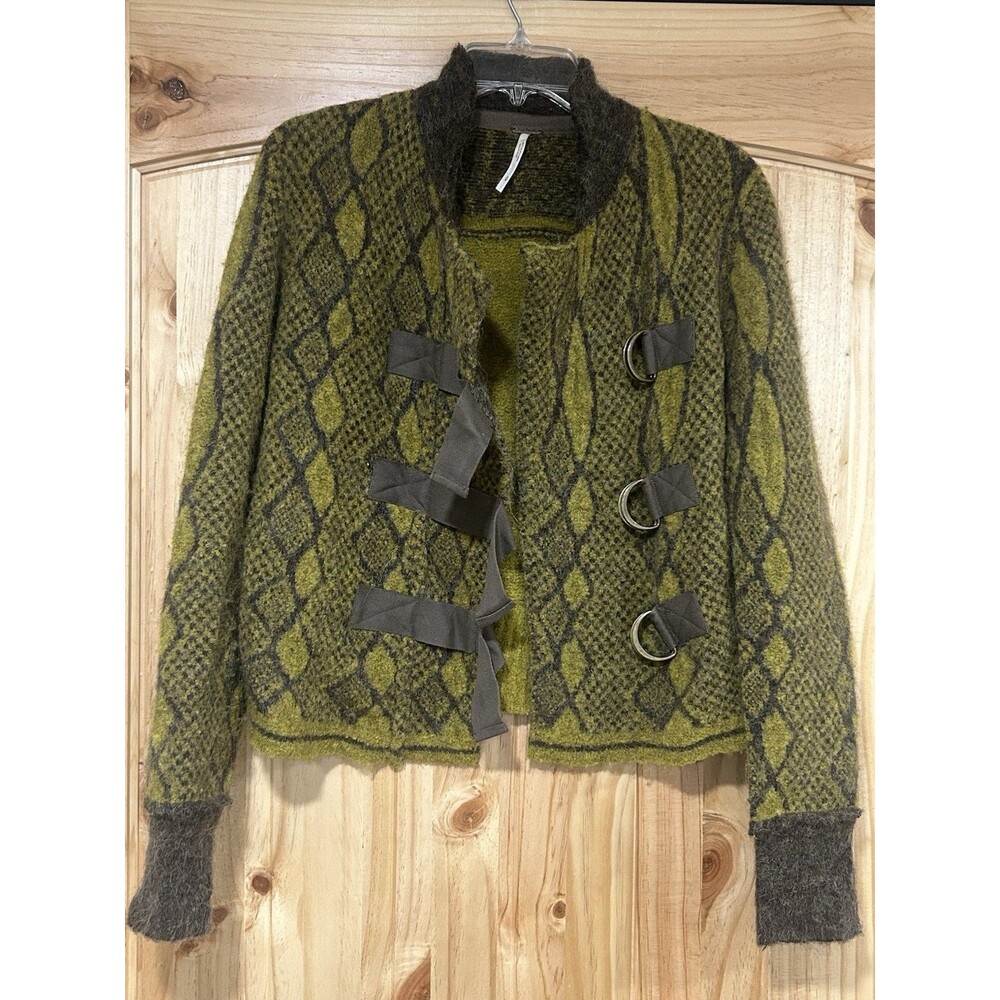 Free People Wool Alpaca Sweater Cardigan Moss Green Textured Knit Buckle Strap S